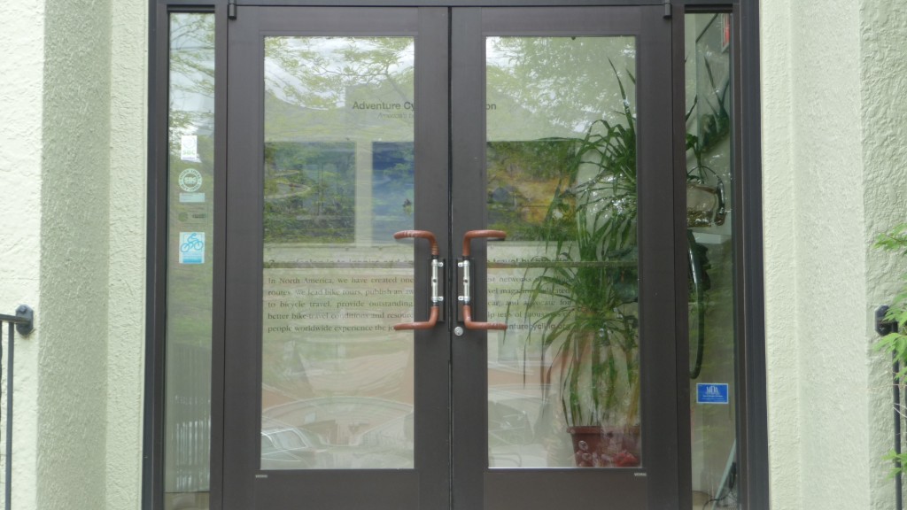 The doors to Adventure Cycling headquarters in Missoula, Montana